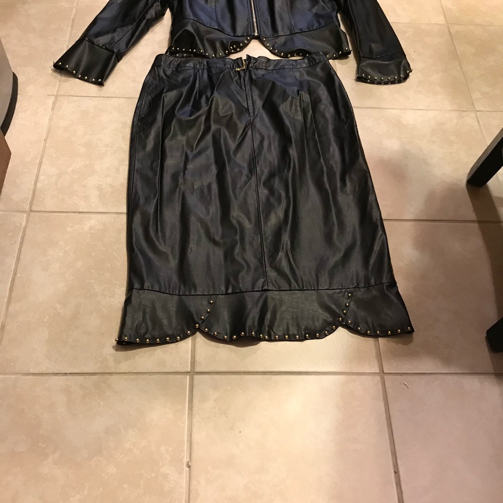 2 piece black faux leather suit.
